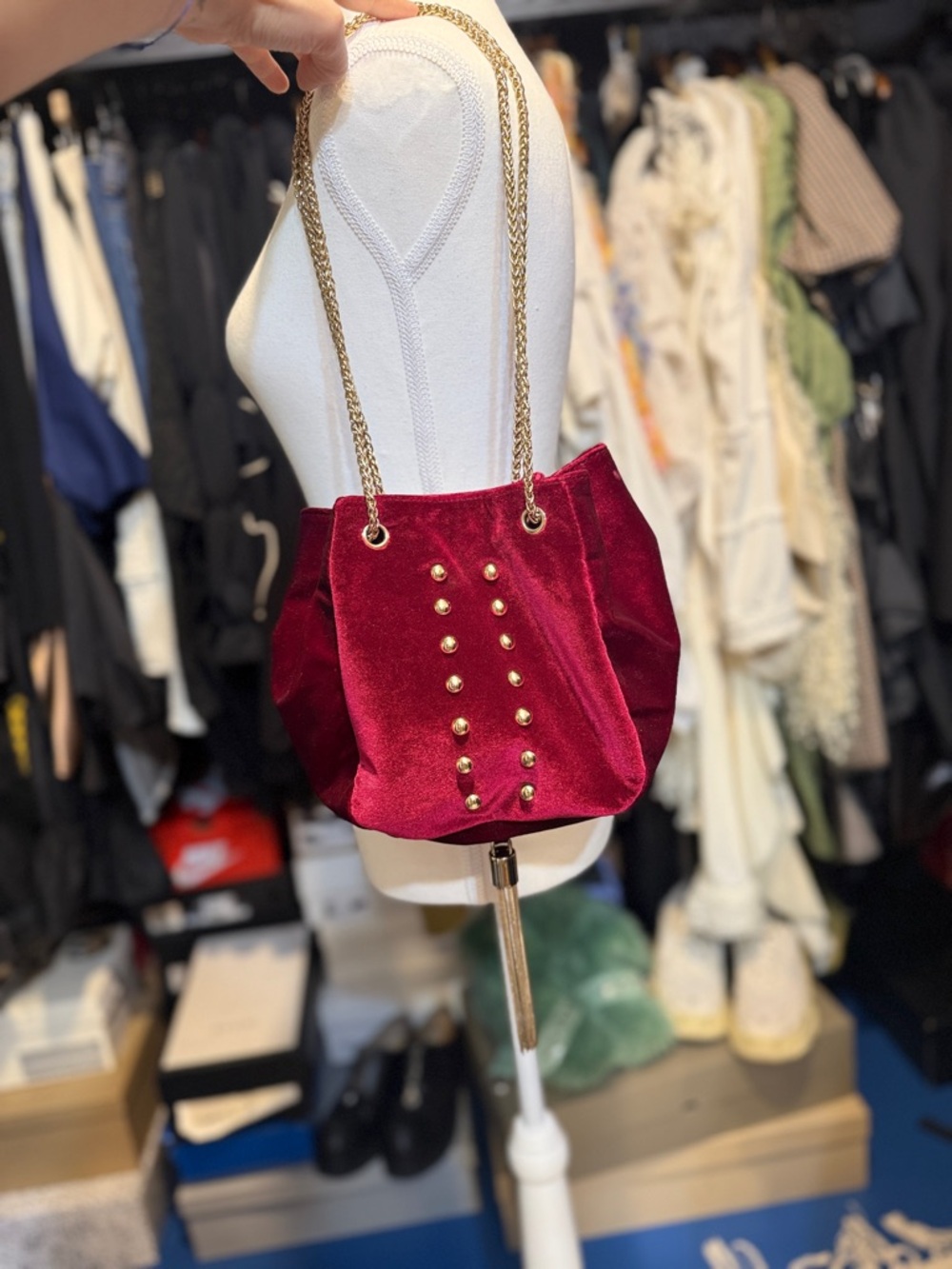 Velvet Stud-Accent Chain Shoulder Bag in Burgundy